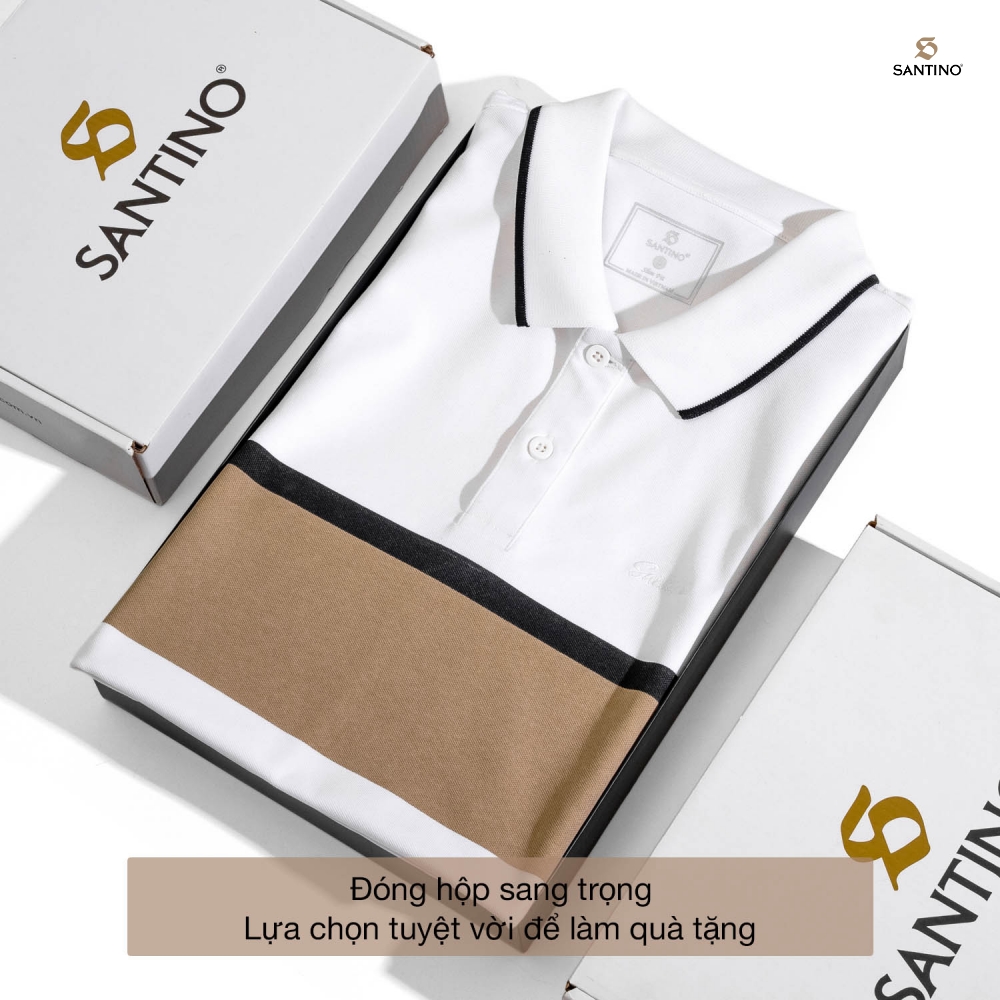 Áo Polo nam SANTINO, in phối ngực, vải Cotton Cá Sấu, kháng khuẩn chống nhăn - E014