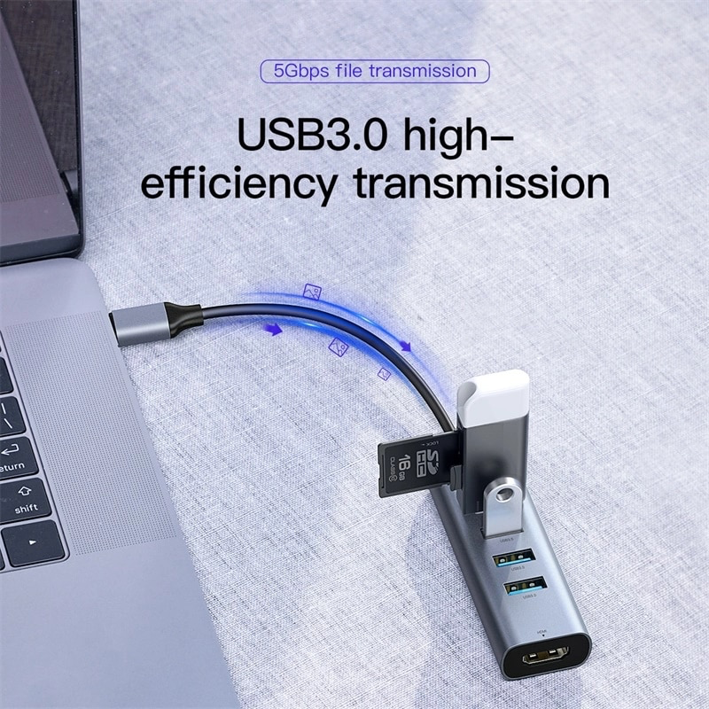 Hub Chuyển Đổi Type C to USB 3.0 và HDMI Enjoy Series cho Smartphone/ Tablet / Laptop Windows/ Mác Búc (Type C to USB 3.0 x4 Ports + HDMI 4K intelligent HUB Adapter ) - Hàng Chính Hãng Baseus