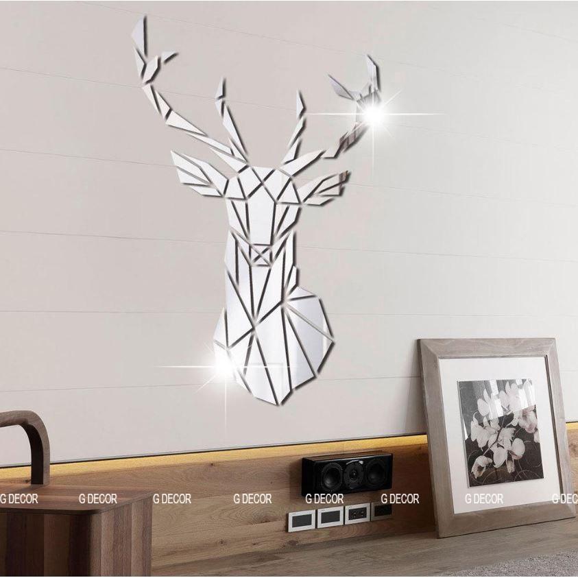 Decal dán tường 3D dạng gương hình đầu hươu làm bằng Acrylic dùng để trang trí nội thất, nhà cửa, decor phòng khách, spa