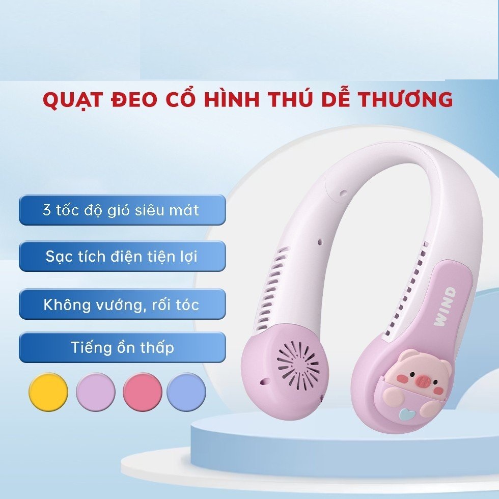 Quạt Đeo Cổ Hình Thú Wind 3D, Quạt Quàng Cổ Không Cánh Mini Cute Sạc Tích Điện USB 3 Cấp Độ Gió Siêu Mát (Giao ngẫu nhiên) - Hàng chính hãng