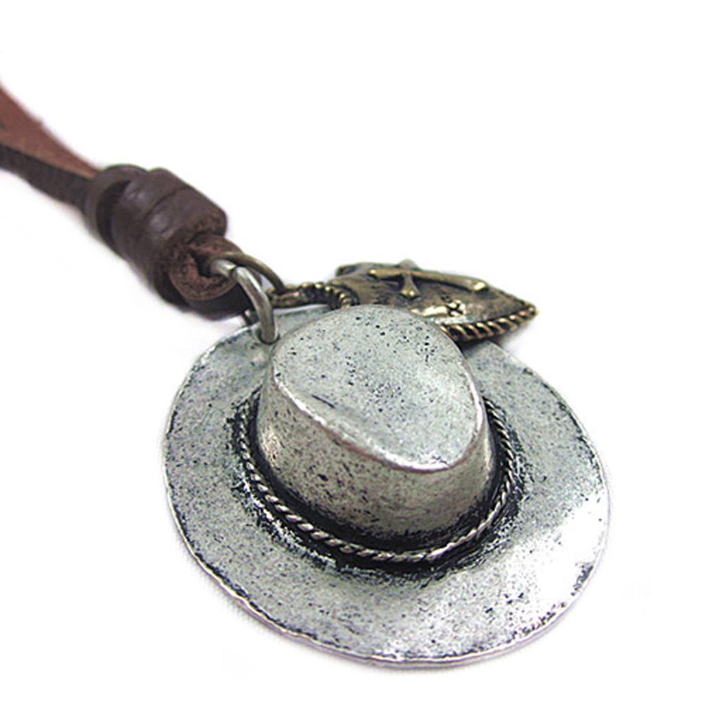 Mens Vintage Cowboy Hat Cross Heart Charm Pendant Leather Cord Necklace Punk