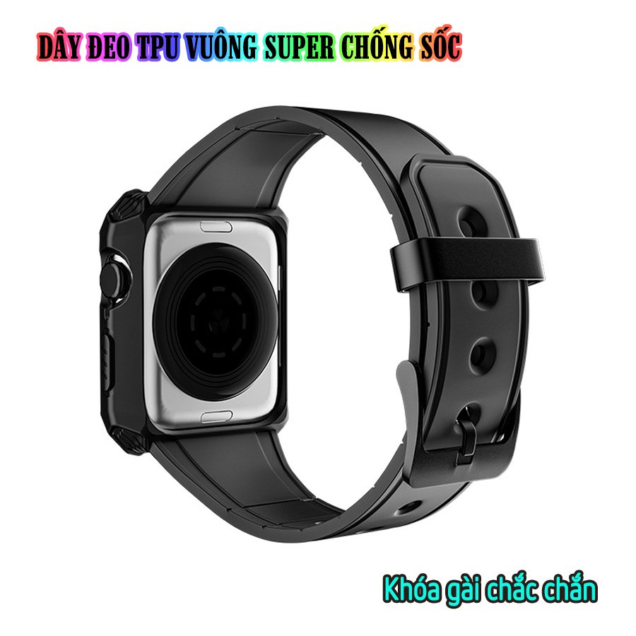 Dây Đeo liền ốp cho Apple Watch size 38/40/42/44mm TPU vuông SUPER chống sốc_Đen (tặng dán KCL theo size)