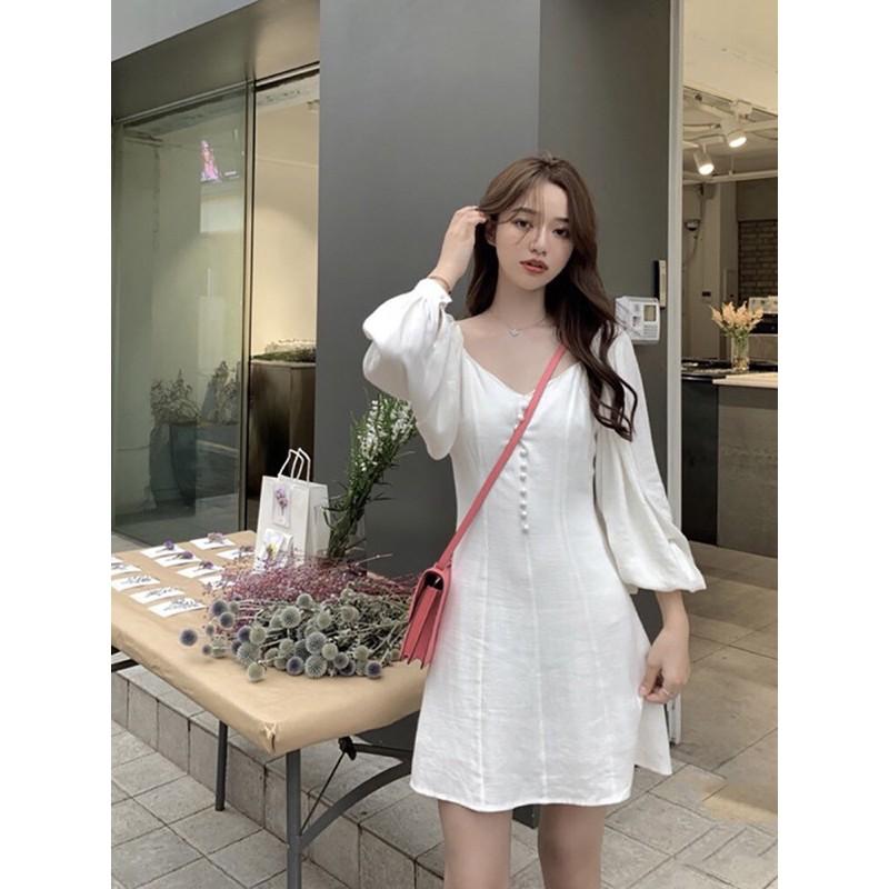 Đầm voan tơ nút bọc tay dài