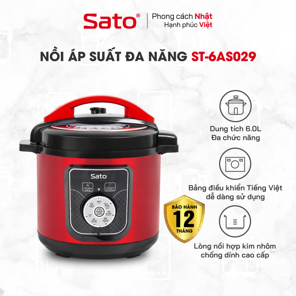 Nồi áp suất đa năng SATO Việt Nhật ST-6AS029 6.0L đa chức năng nấu cơm, nấu cháo, hầm, ninh súp, giữ ấm, làm sữa chua - Hàng Chính Hãng