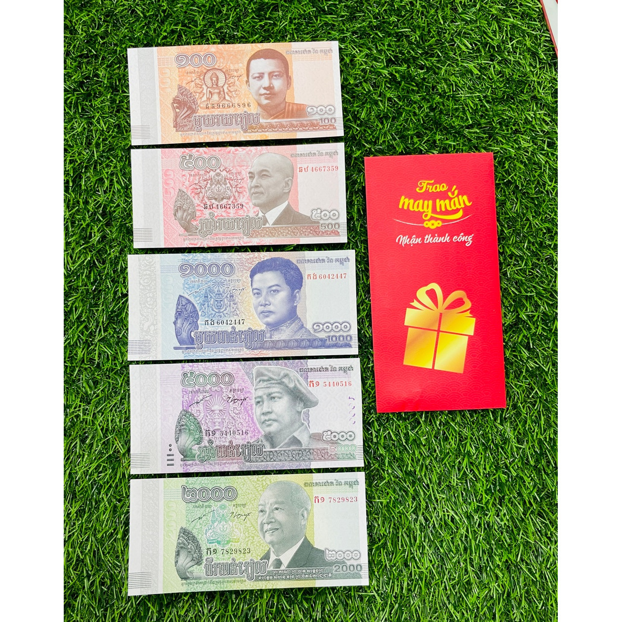 Bộ tiền Campuchia 100 500 1000 2000 5000 Riels [5 TỜ] hình ảnh chùa nổi tiếng, mới 100% UNC, tặng bao lì xì The Merrick Mint