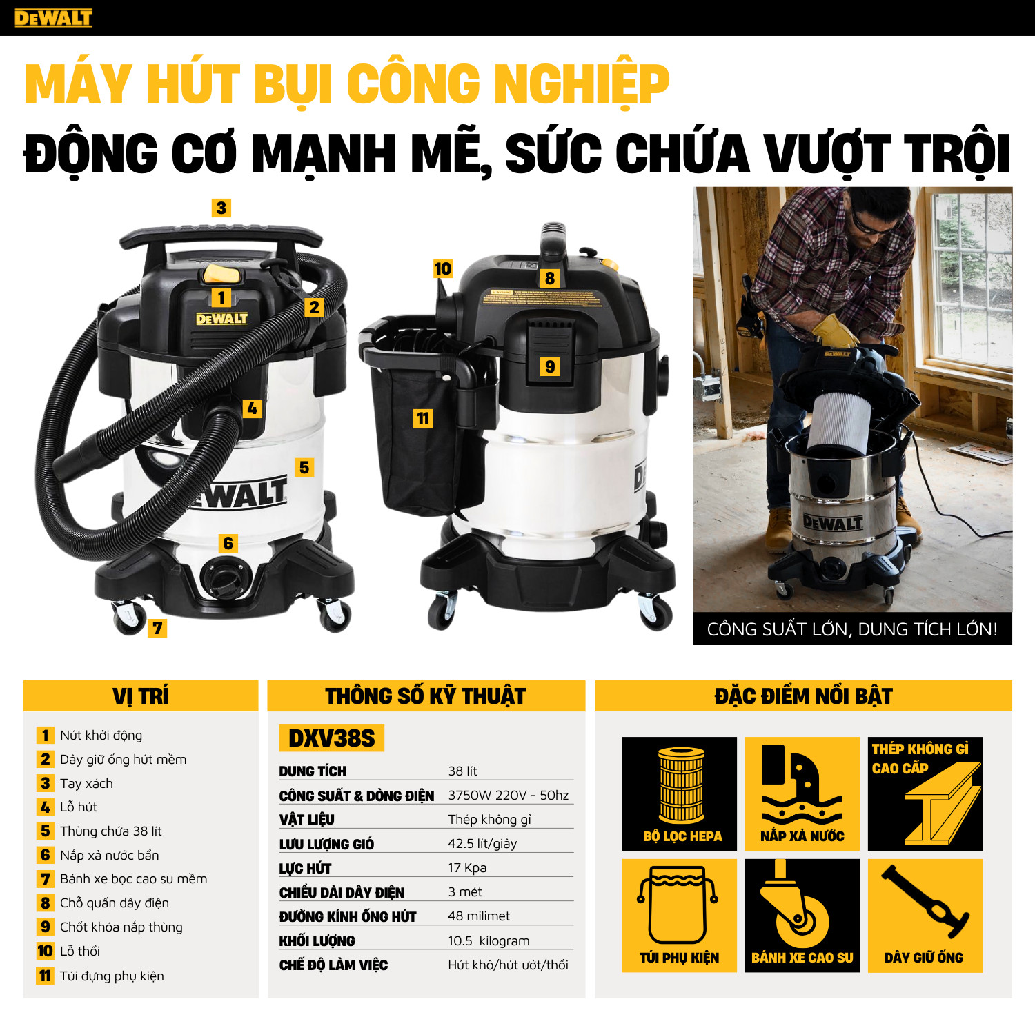 Máy hút bụi công nghiệp khô và ướt DeWALT DXV38S -5HP- dung tích 38L - Hàng chính hãng