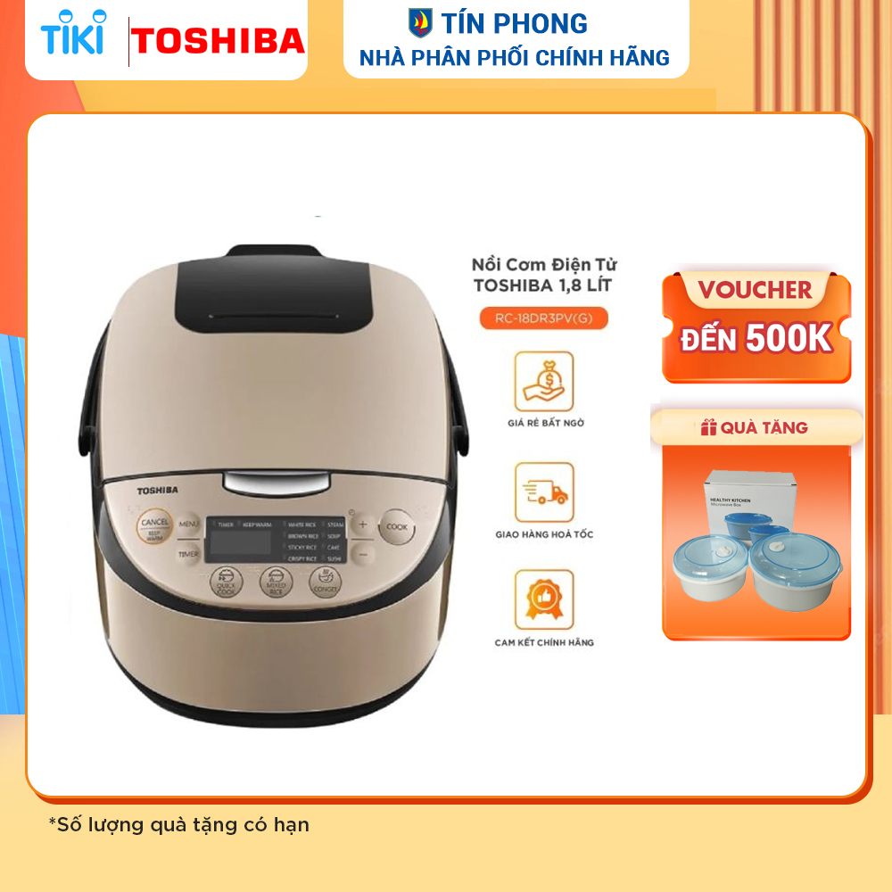 Nồi cơm điện tử Toshiba RC-18DR3PV - 1.8 Lít - Sử dụng cho 4-6 người ăn - 11 chế độ nấu - Lòng nồi dày 4mm - Công nghệ nhiệt 3D - Hàng chính hãng