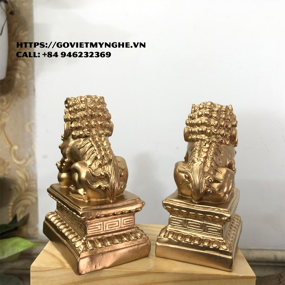 Tượng đá trang trí phong thủy Cặp 2 tượng Kỳ Lân trang trí phong thủy - Chiều Cao 12cm - Màu nhũ đồng