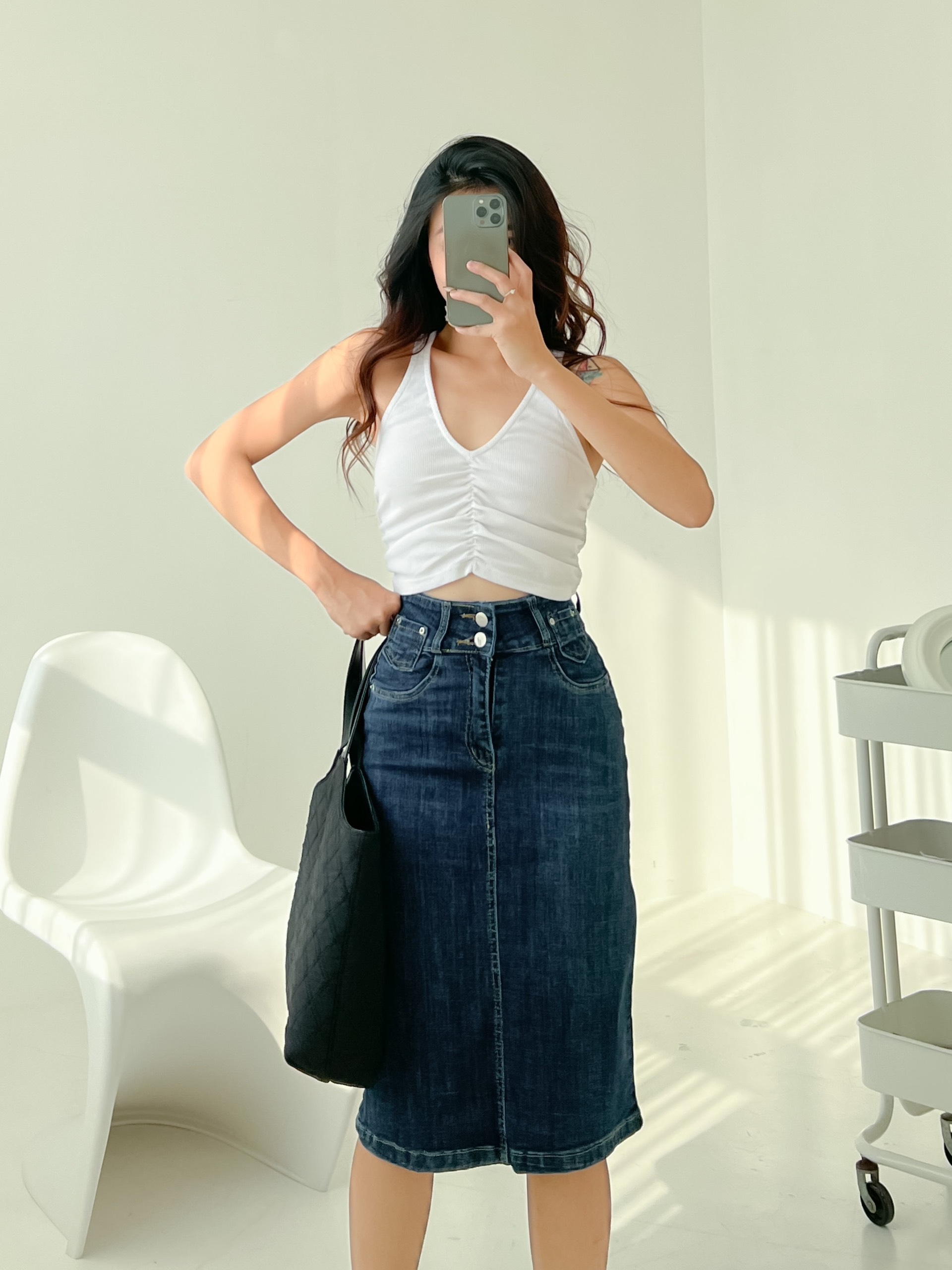 Chân váy jeans midi dáng bút chì co giãn lưng siêu cao ôm eo tôn dáng mẫu thiết kế HQJeans HQ9037