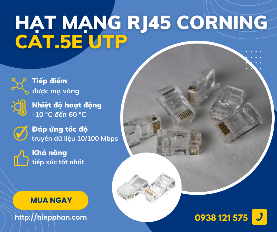 Đầu bấm mạng RJ45 CAT5E UTP - Corning - Hàng nhập khẩu
