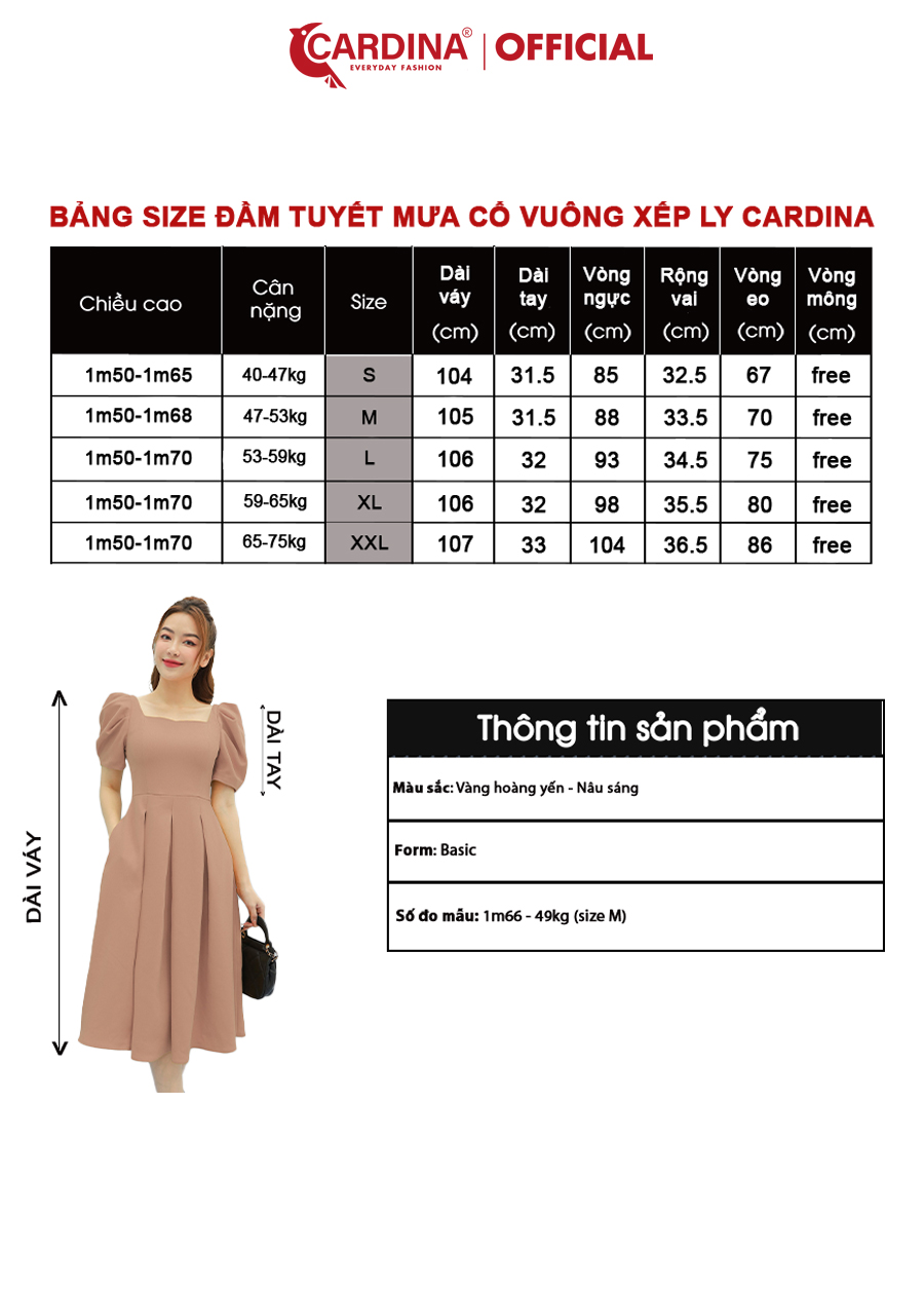 Đầm Nữ CARDINA Chất Tuyết Mưa Cao Cấp Xếp Ly Dáng Xòe Chữ A Cổ Vuông Tay Bồng Tôn Dáng Sang Trọng 2VTM03