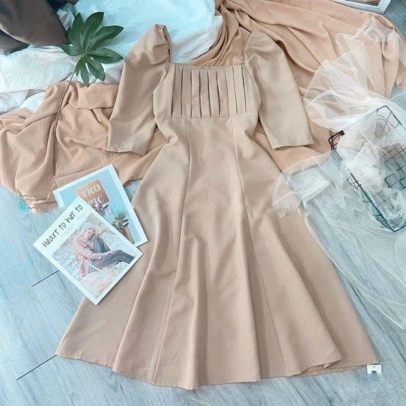 Đầm váy nữ nude xếp li ngực tay lửng TKN
