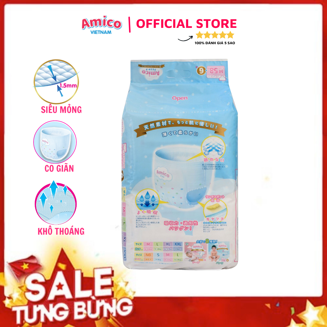 Bỉm - Tã quần Amico size M 58 + 6 miếng (Cho bé 6 - 11kg)