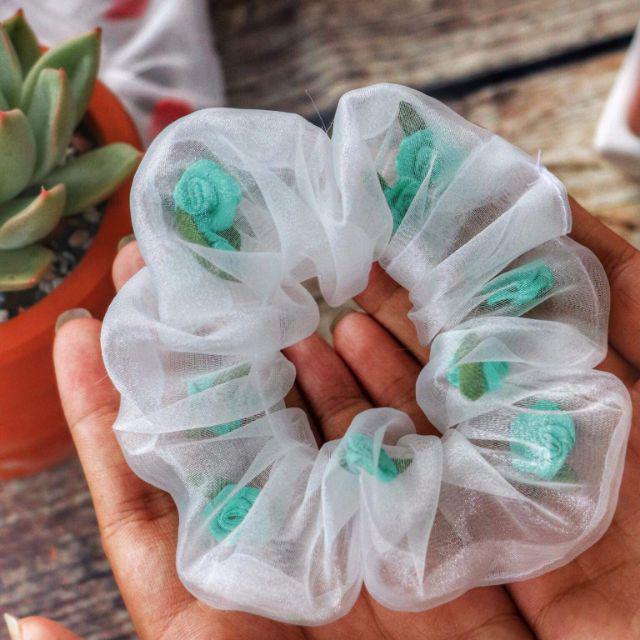 Cột tóc vải Scrunchies voal: bộ sưu tập hoa rơi