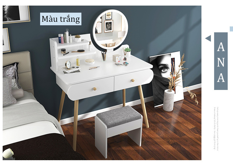 Ban trang điem đen led Ak02 dùng để trang điểm decor Phong Cách Bắc Âu mặt bàn phủ melamine chống xước Chân Gỗ Tự Nhiên Kiểu Dáng Hiện Đại ANA – Ak02-Trang-Co Ghe – LED