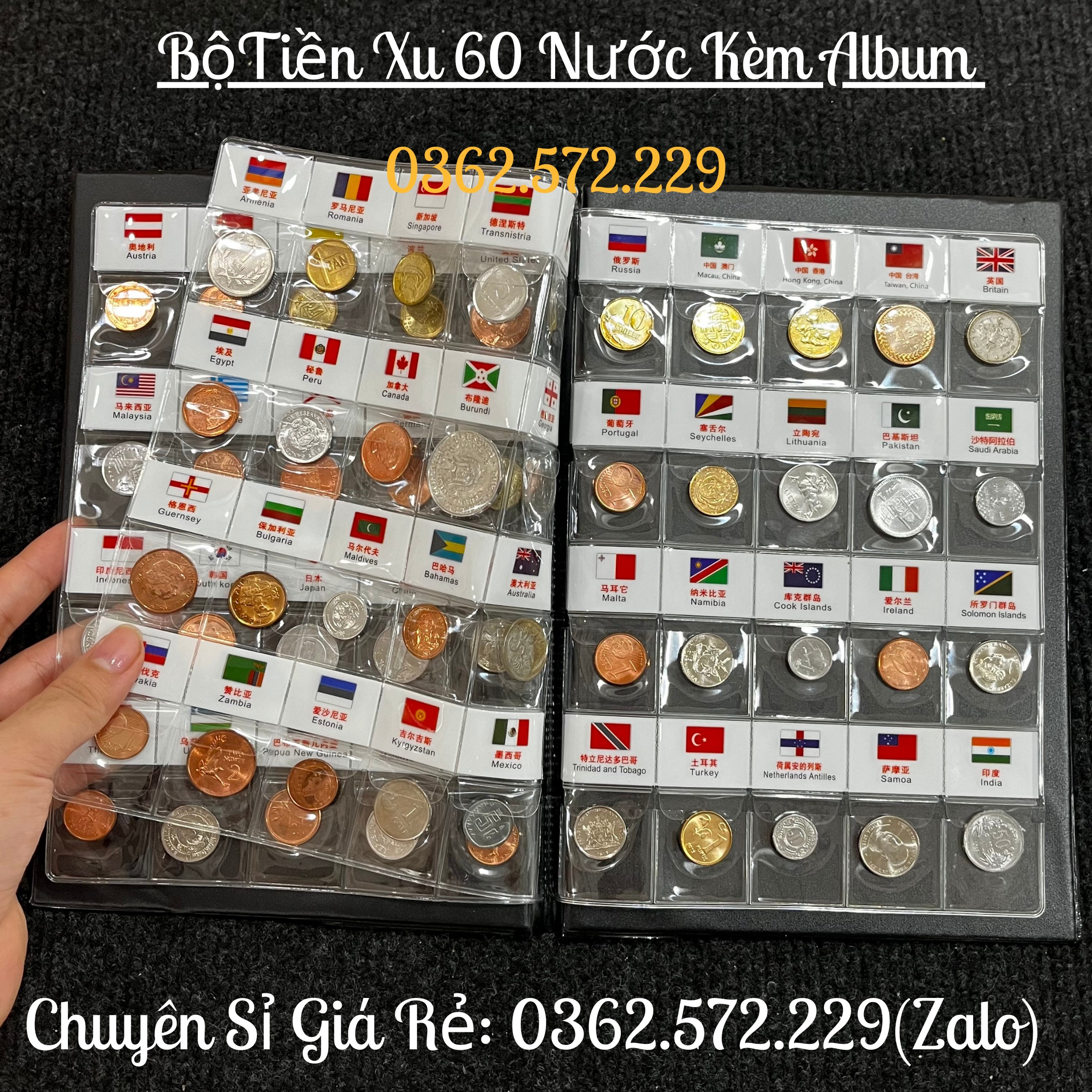 Bộ Sưu Tập Đồng Xu Của 60 Nước, 120 Nước, 180 Nước Có Quốc Kì Sẵn Ở Mỗi Xu Kèm Album Bảo Quản