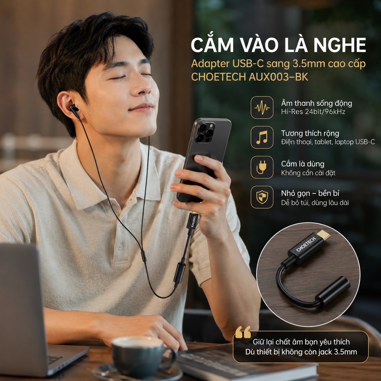 Cáp Chuyển âm thanh USB-C Sang Audio 3.5mm Choetech AUX003-BK Có DAC Hi-Res 24bit/96kHz Cho Tai Nghe Có Dây Loa Ô Tô cho iPad, Macbook, iPhone, Samsung, Huawei, Oppo - Hàng nhập khẩu