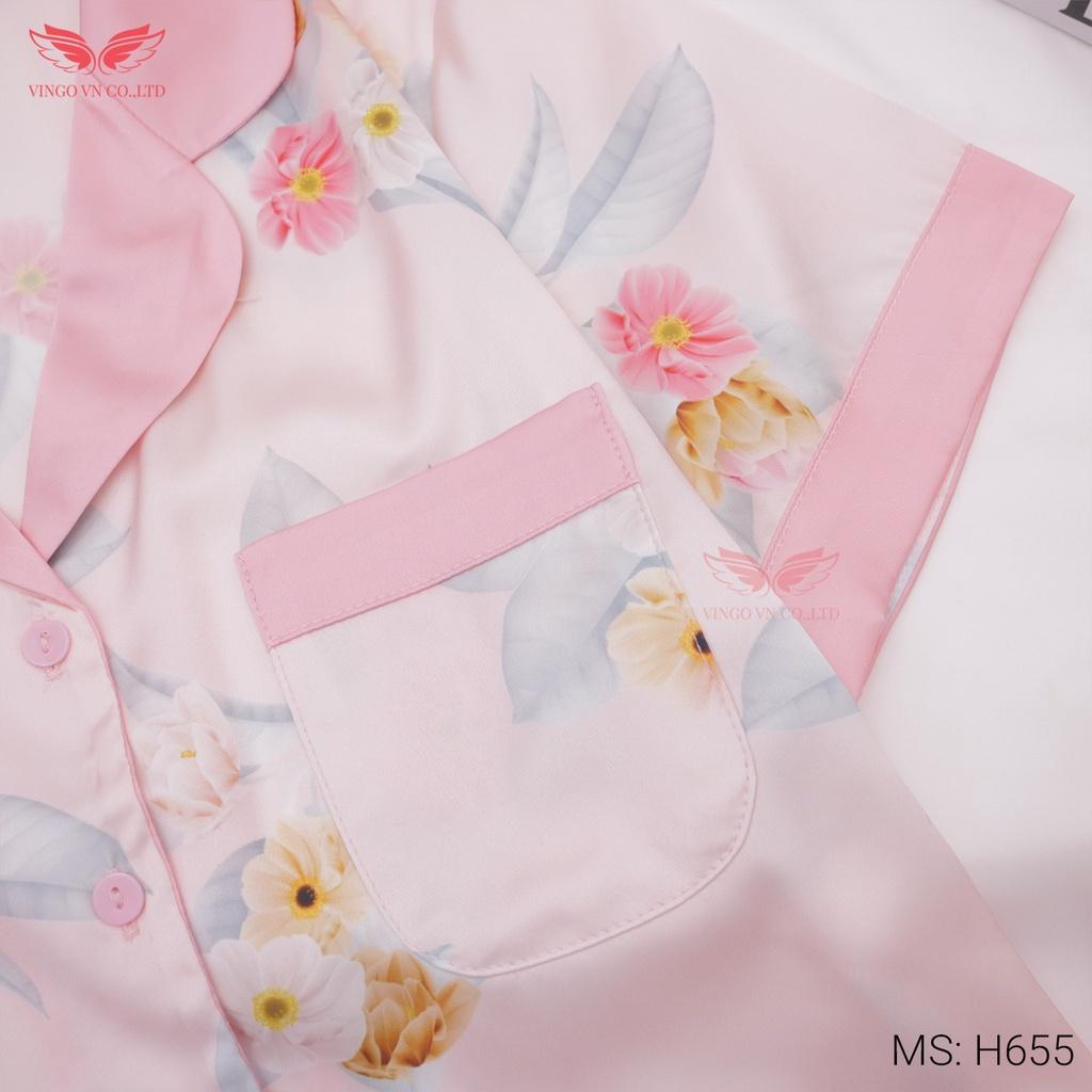 Đồ Bộ Nữ Pijama Mặc Nhà VINGO Lụa Pháp Cao Cấp Tay Cộc Quần Cộc Hoạ Tiết Hoa Viền Hồng Dễ Thương Mùa Hè H655 VNGO