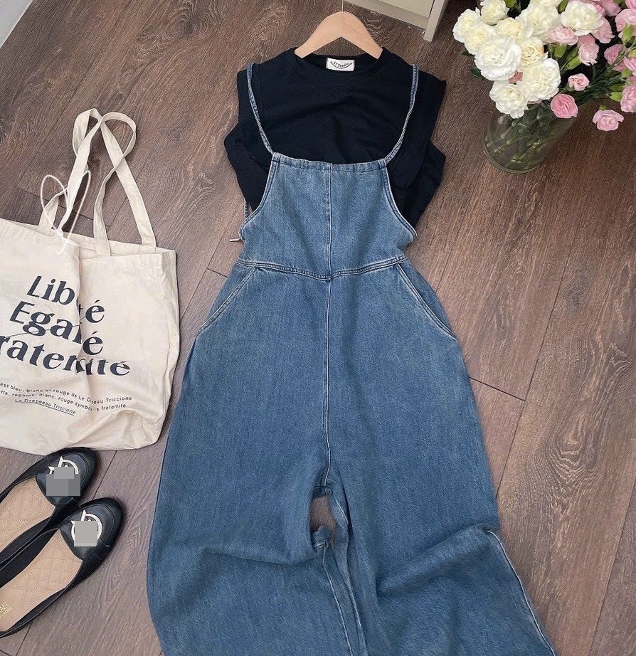 SET JUMPSUIT ĐỒ BAY QUẦN YẾM 2 DÂY DÀI ỐNG RỘNG JEANS LƯNG CAO SUÔNG ĐỨNG + ÁO THUN TRƠN ĐI CHƠI DẠO PHỐ ĐI BIỂN