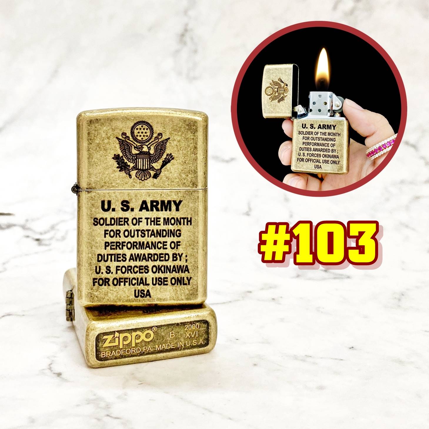 Hột Quẹt Bật Lửa Vàng cổ U.S ARMY Quân đội Mỹ có mộc đáy - xài xăng