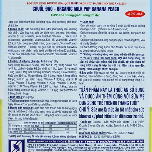 Bột dinh dưỡng HiPP sữa, chuối, đào 250g