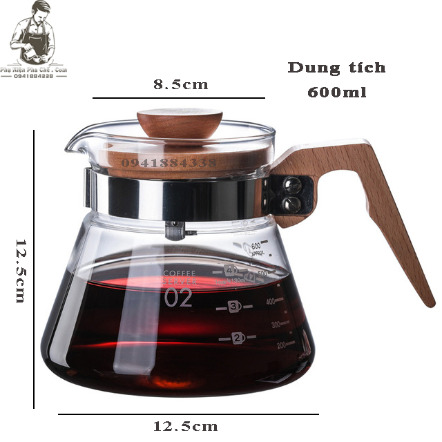 Bộ Bình Pha Cà Phê Coffee,  Pour over V60 600ML Tay Cầm Gỗ