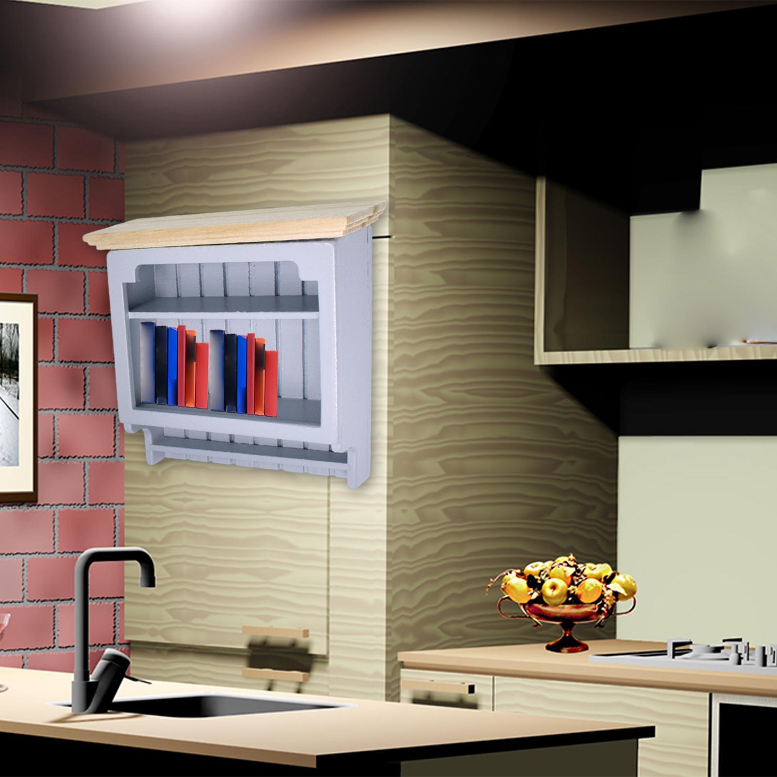 Wooden Bookshelf Dollhouse Living Room Mini 1:12 Wall Hanging Cabinet Decoration