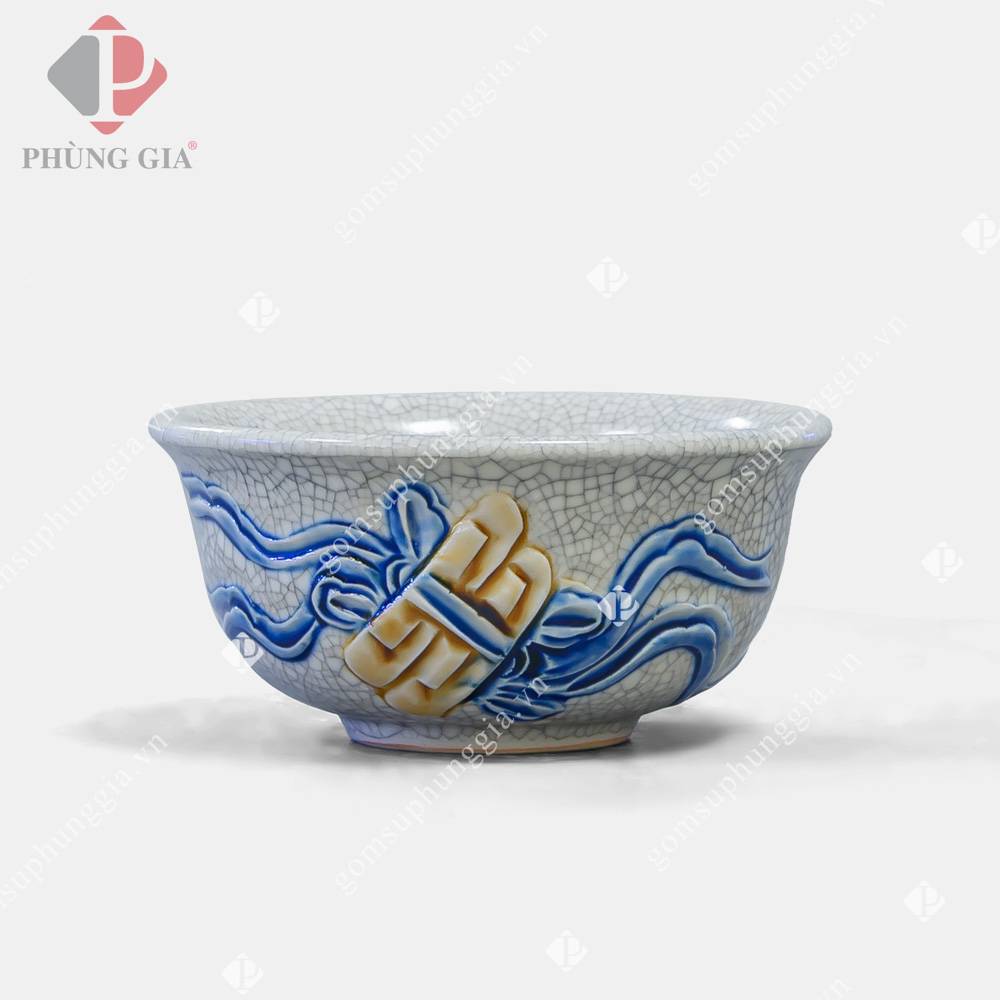 Bát cúng Men Rạn Đắp Nổi họa tiết CUỐN THƯ