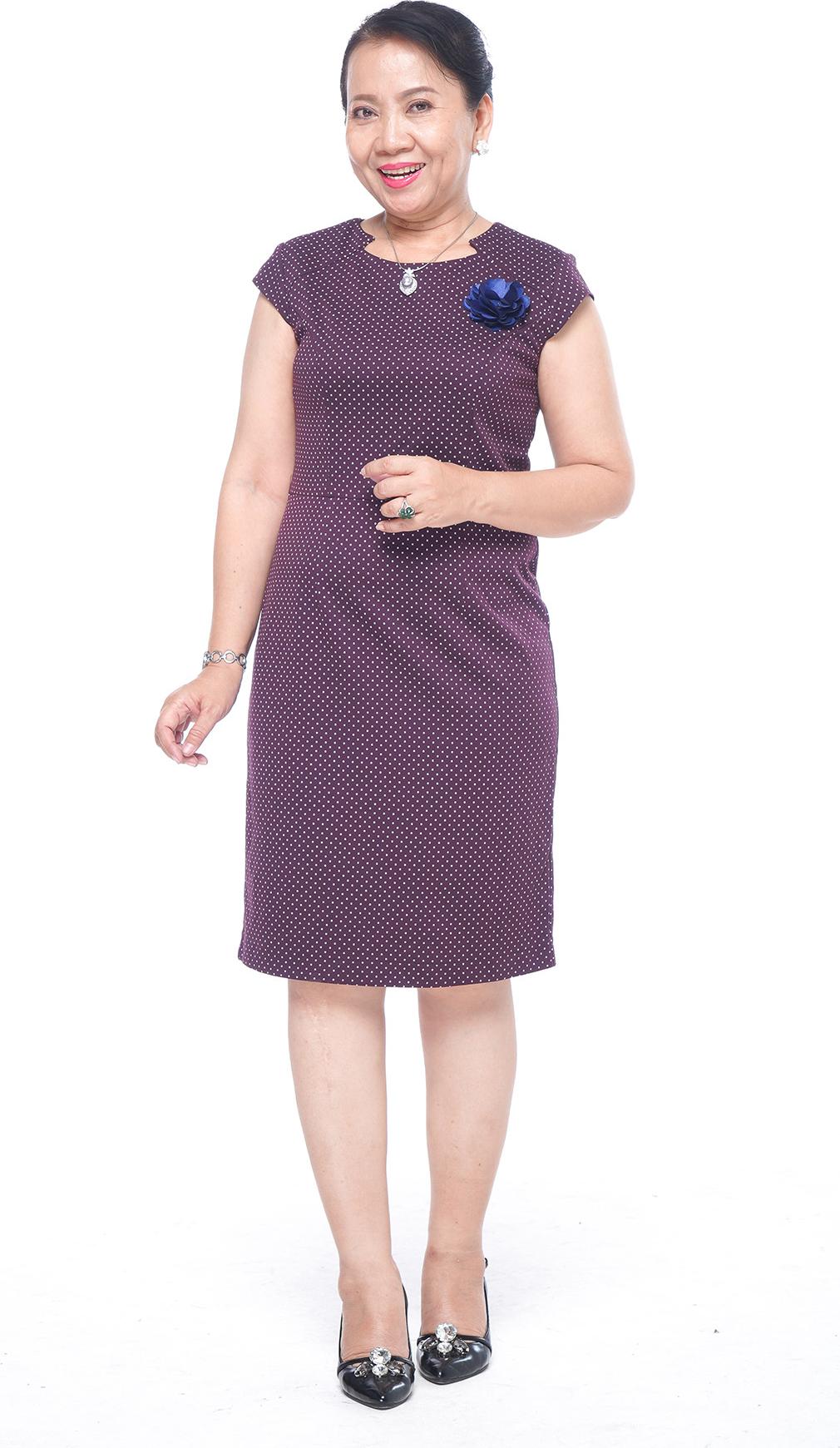 Đầm Trung Niên UGETHER UPAR52 - Đầm tím chấm bi trắng, ngực đính hoa xanh