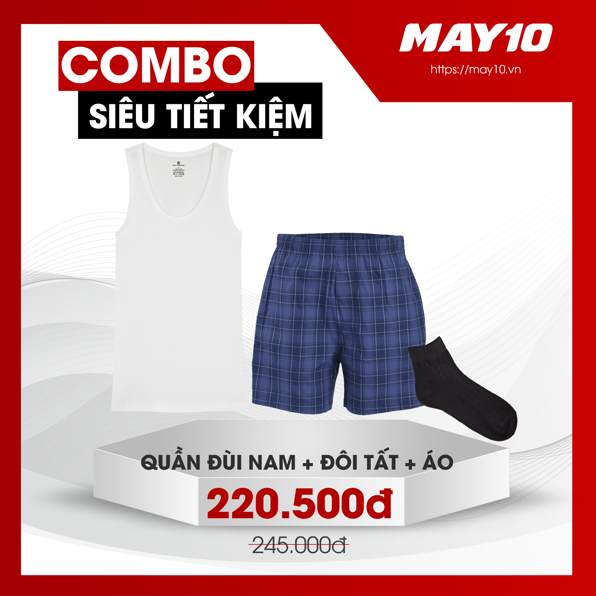 COMBO SIÊU TIẾT KIỆM ÁO BA LỖ NAM MAY 10 + QUẦN ĐÙI + TẤT CỔ CAO NAM MAY 10 (GIAO MÀU NGẪU NHIÊN)