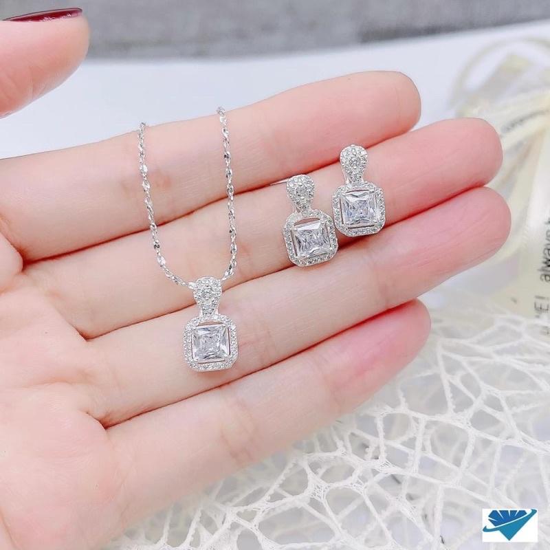 Set bộ Vuông đá Bạc ta sang trọng, đá lấp lánh tinh tế, 2 màu xinh xắn - Nomi Shop Bạc Xinh