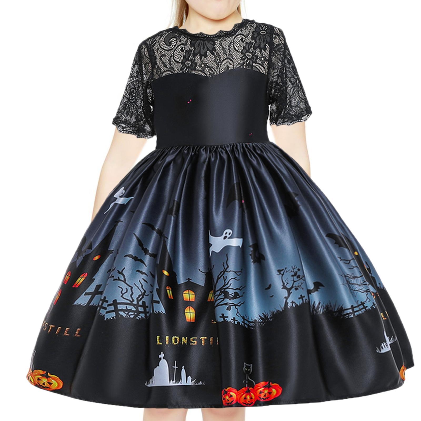 Kids Girls Halloween Costume Dress Pumpkin Skull Printed Fancy Dress Up Cosplay Party Outfits