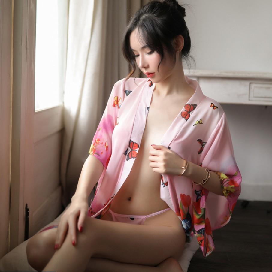 Áo choàng kimono xuyên thấu đồ ngủ gợi cảm phối ren sang trọng