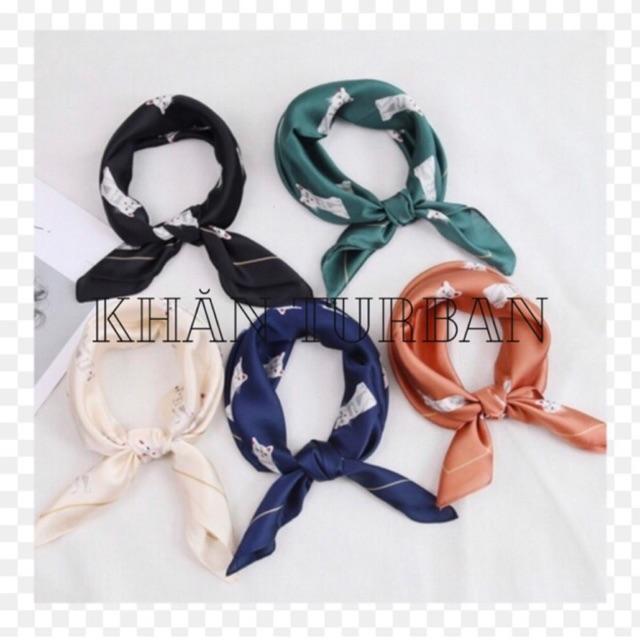 Khăn turban lụa vuông choàng cổ size 60x60cm thanh lịch phong cách nữ tính đa năng dùng làm áo yếm in hình con mèo