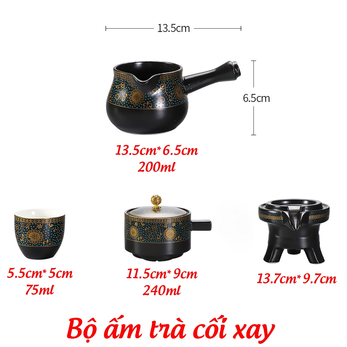 Bộ Ấm Chén Pha Trà Cối Xay 8 chi tiết Gốm Sứ Cao Cấp, Kèm Hộp túi cực đẹp làm Quà tặng