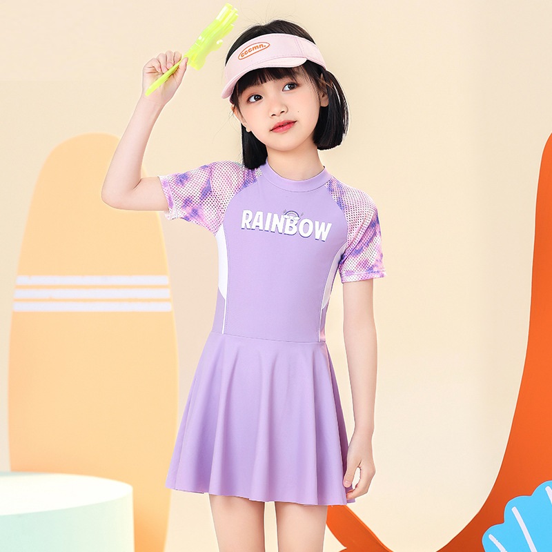Đồ bơi bé gái liền thân size đại 2-10 tuổi chữ RAINBOW kiểu chân váy hàng YLIKE cao cấp vải co giãn cực tốt