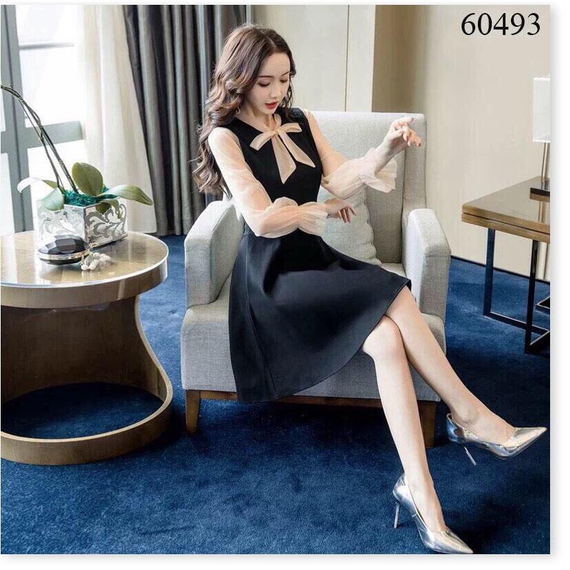 Váy xòe tay dài phối voan - cổ cột nơ