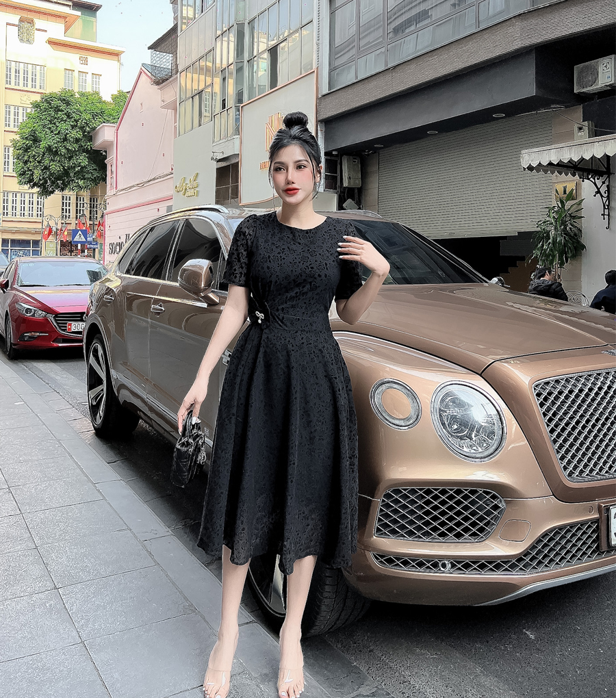 Đầm xòe vol ép nhung phối phụ kiện D063- Lady Fashion