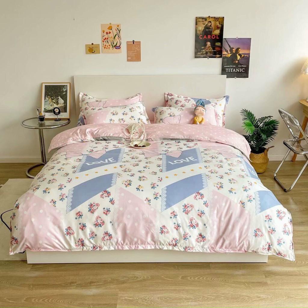 Bộ chăn ga gối Cotton Poly M2T bedding Cánh hồng, vỏ chăn mền, drap giường và 2 vỏ gối