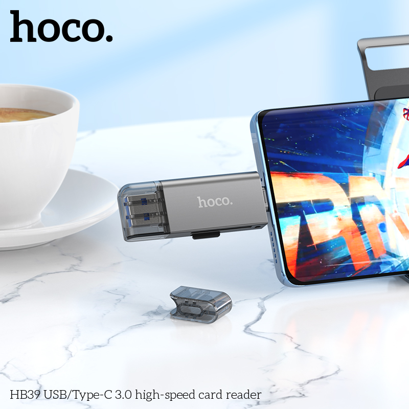 Đầu đọc thẻ nhớ đa năng chuẩn 3.0 hai đầu kết nối Usb và type C cho điện thoại laptop hoco HB39 _  hàng chính hãng