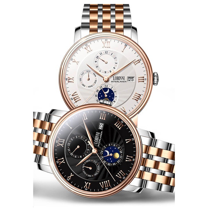 Đồng hồ nam chính hãng LOBINNI L1023-7 Fullbox, Kính sapphire ,chống xước,chống nước,vỏ vàng hồng,dây kim loại thép không gỉ 316L, máy cơ , Mới 100%,Bảo hành 24 tháng