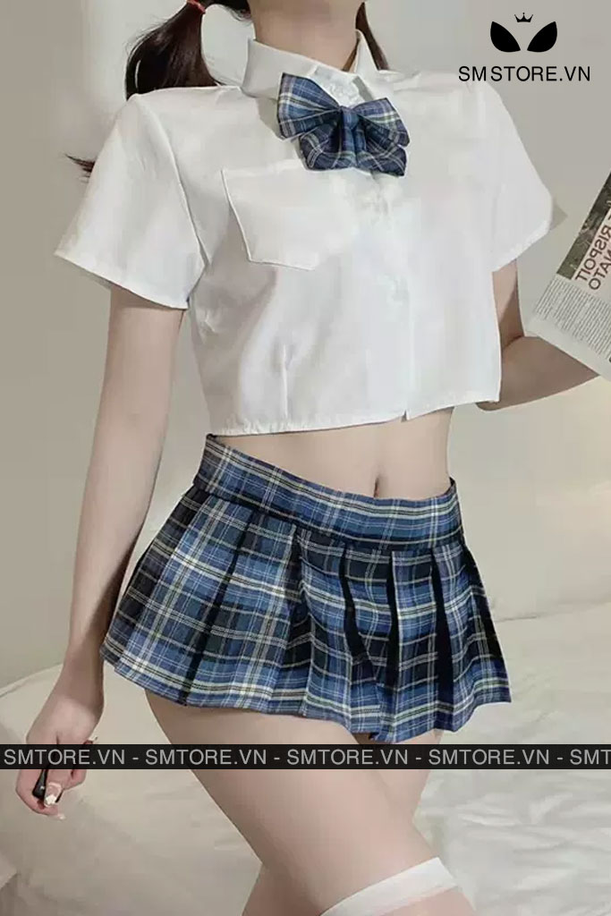Đồ cosplay học sinh nhật bản áo sơ mi croptop và chân váy kẻ - SMS045