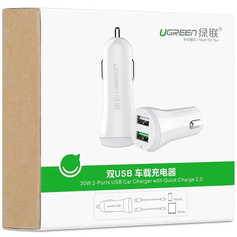 Ugreen UG20758CD114TK 30W màu Trắng Bộ sạc ô tô 2 cổng USB 2.4A + QC 2.0 - HÀNG CHÍNH HÃNG