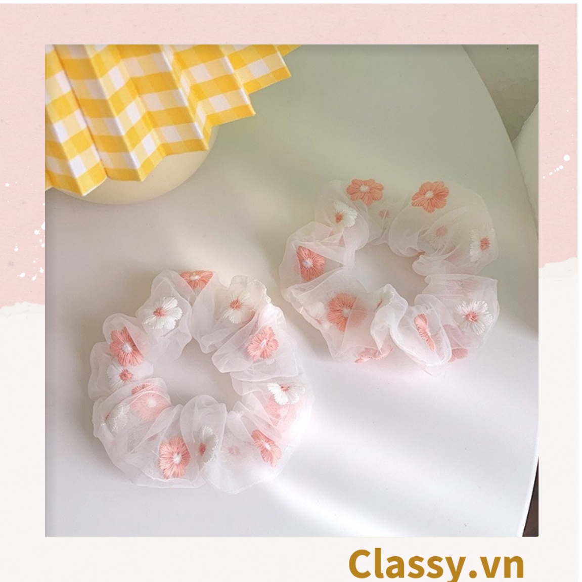 Dây cột tóc Scrunchies vải trong suốt thêu hoa