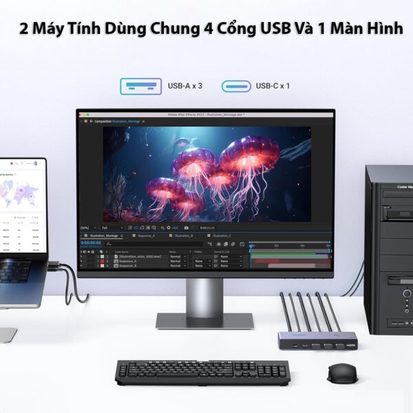Bộ chuyển KVM 2 cổng HDMI 2.1 độ phân giải 8K@60Hz Ugreen 25961 (2 PC dùng 1 màn hình) hàng chính hãng