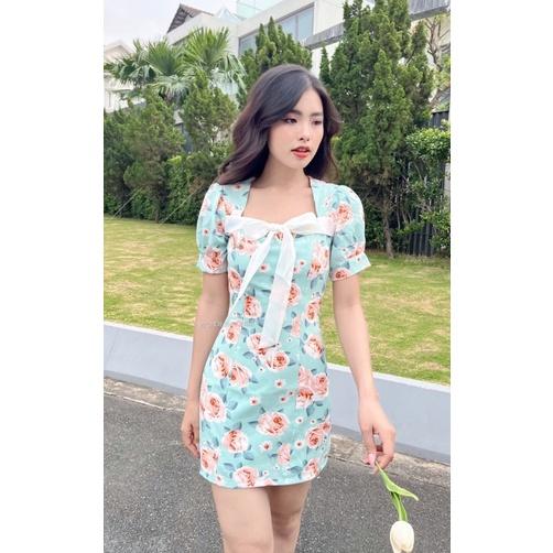 Đầm thiết kế WONDERHOUSE cổ vuông phối nơ trắng tơ xước in hoa công sở, dạo phố nữ tính - Anie dress