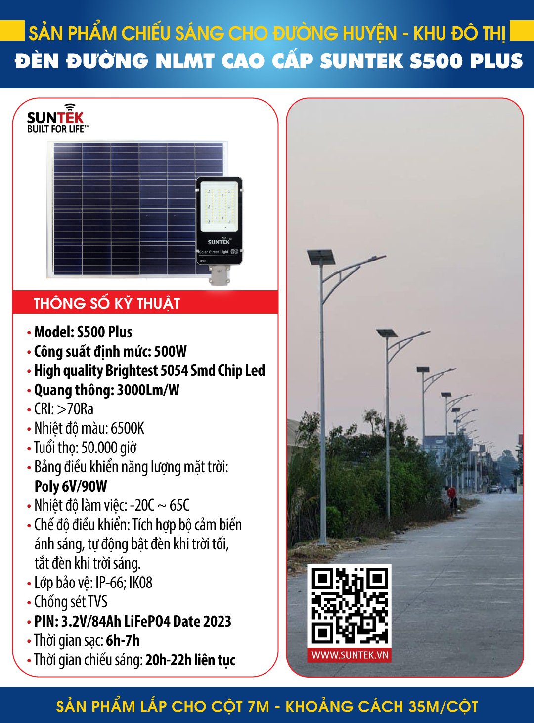 Đèn Đường Năng Lượng Mặt Trời SUNTEK LED Solar Street Light S500 Plus 500W - Chống Nước/Bụi/Sét | Chiếu sáng 22 giờ | Điều khiển Từ xa | Tự động Bật/Tắt khi trời Tối/Sáng - Hàng Chính Hãng - Bảo hành 2 năm 1 đổi 1