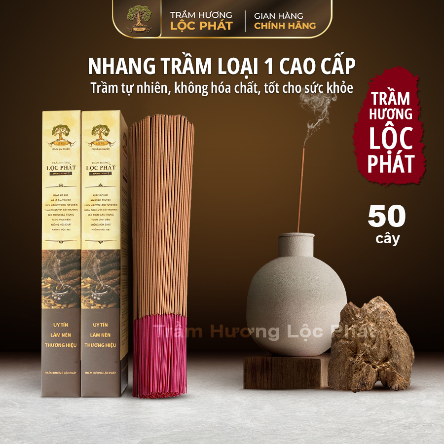 Nhang trầm hương tự nhiên của Trầm Hương Lộc Phát cao cấp Loại 1 (Hộp 50 cây)