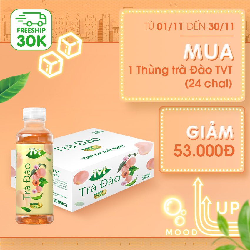 [Thùng 24 chai 450ml] Trà Đào TVT tinh chất trà xanh, trà đen, chống oxy hóa, thanh nhiệt giải phóng độc tố cơ thể