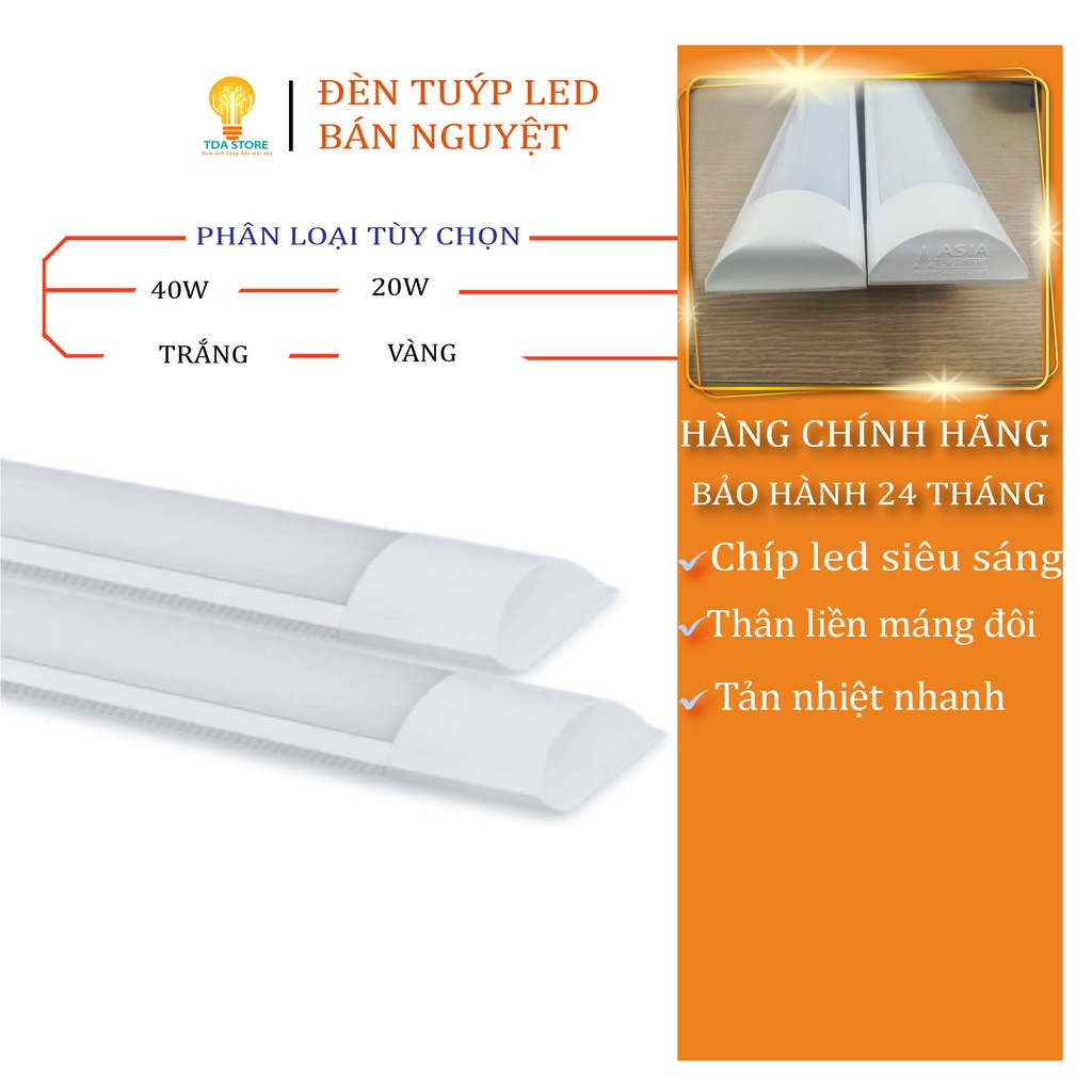 Đèn led bán nguyệt Asia Lighting đèn tuýp led 1m2 ánh sáng trắng vàng công suất 20w 40w tản nhiệt nhanh bảo hành 24tháng